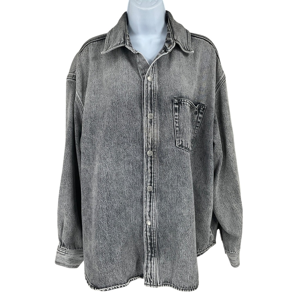 Rag & Bone Acid Wash Denim Shirt Womens L Grey Broken In Oversized Grunge Street